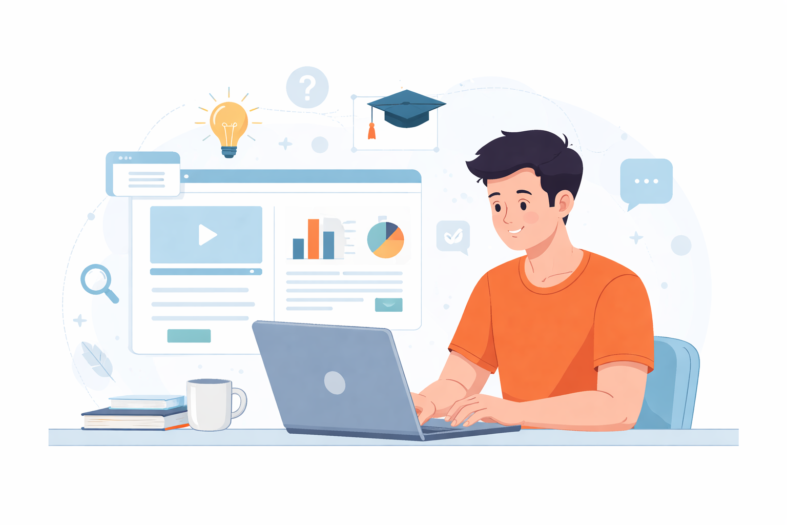 Illustration of a learner exploring an interactive AI in drug development lesson on a laptop