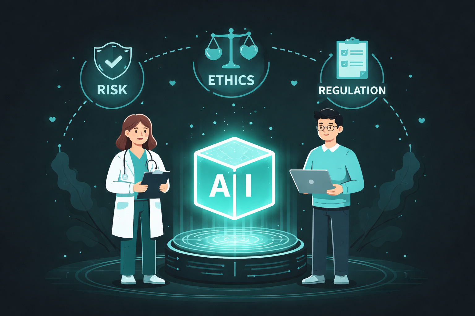 Clinician and data scientist beside an AI model with icons for ethics, risk, and regulation
